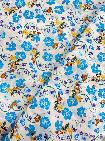 Classic Delicate Blooming Blue Flowers And Dainty Peacock Print On Muslin Fabric