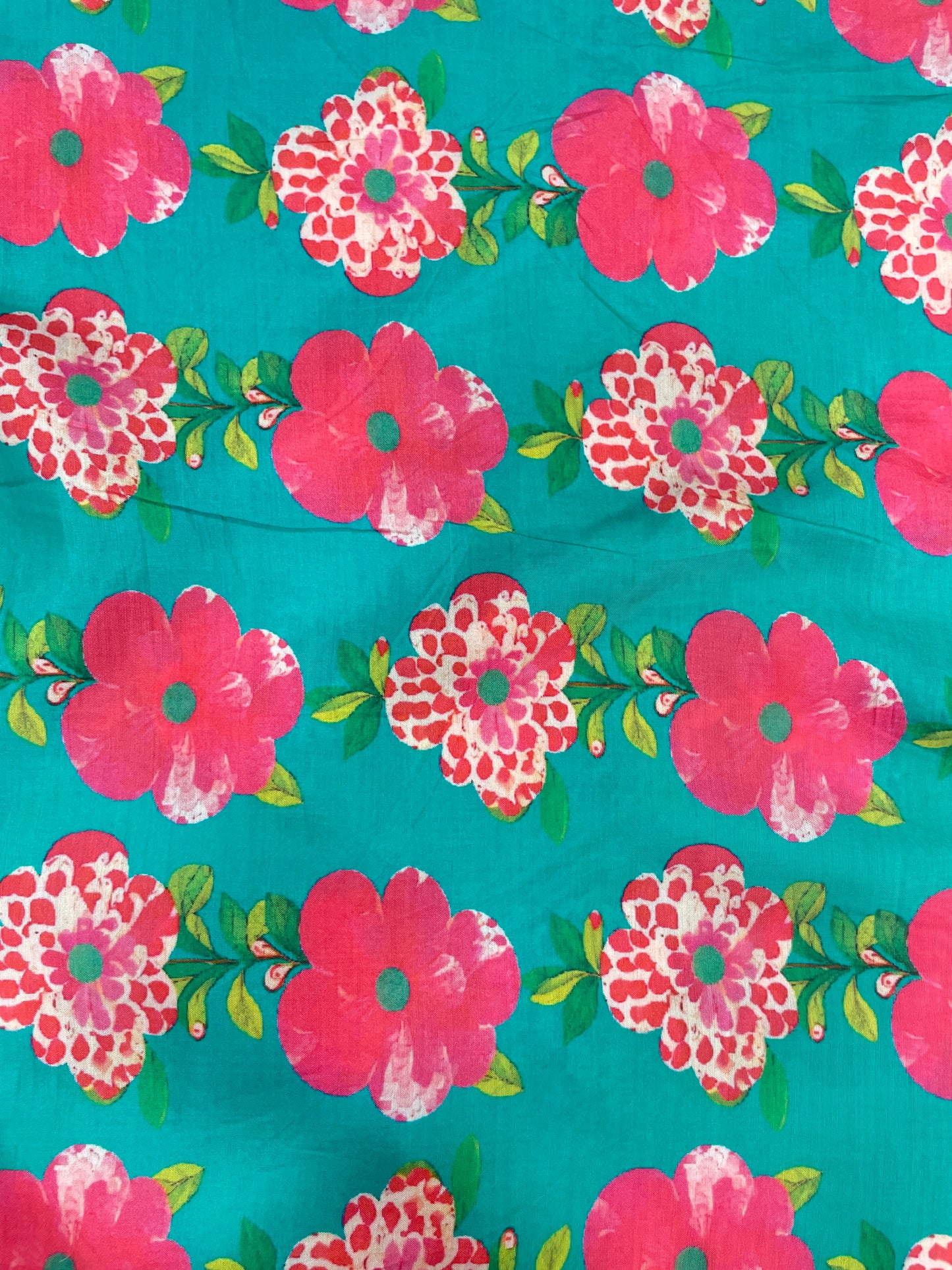 Adorable Magnificent Pink Floral Print On Green Muslin Fabric