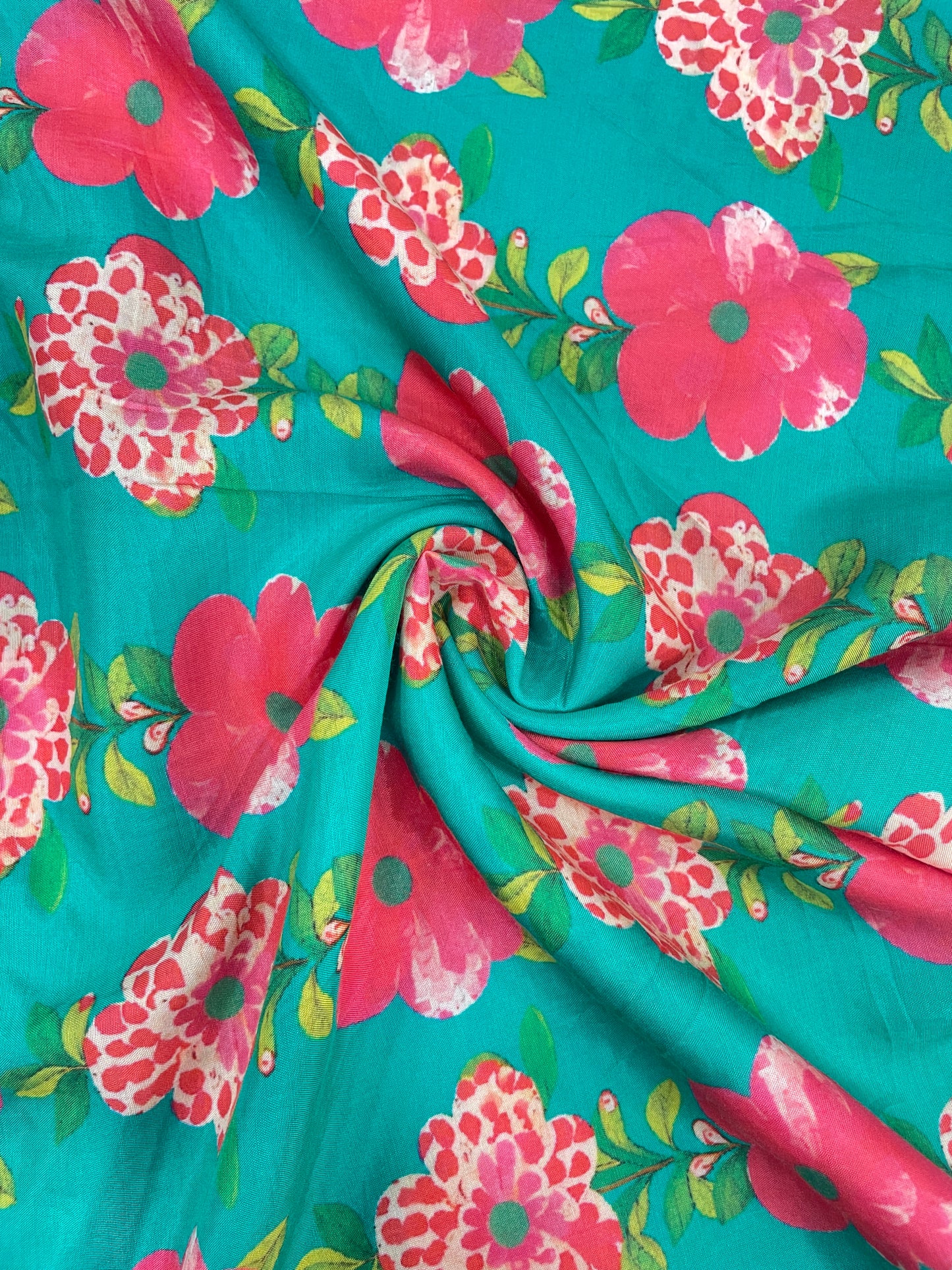 Adorable Magnificent Pink Floral Print On Green Muslin Fabric