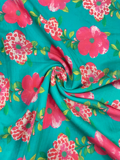 Adorable Magnificent Pink Floral Print On Green Muslin Fabric