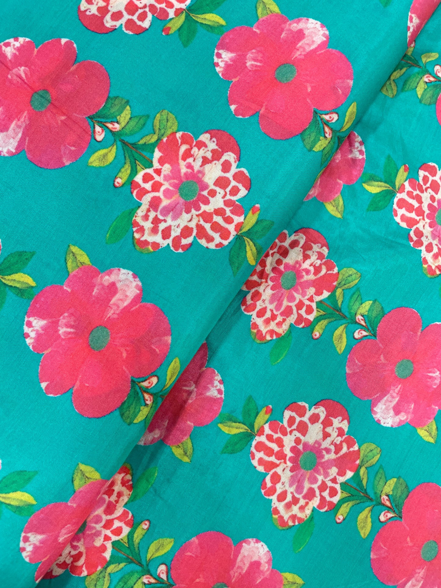 Adorable Magnificent Pink Floral Print On Green Muslin Fabric