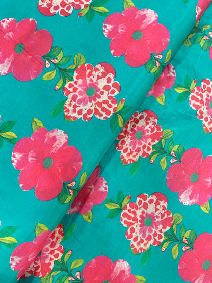 Adorable Magnificent Pink Floral Print On Green Muslin Fabric