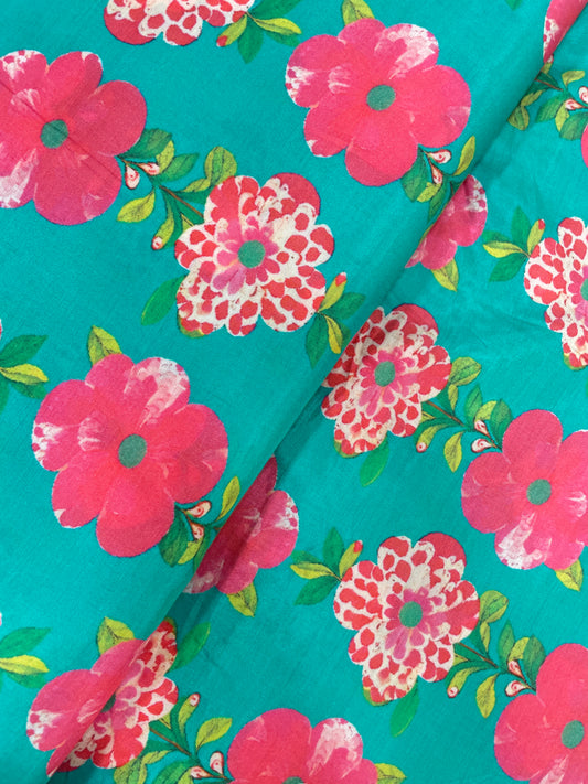 Adorable Magnificent Pink Floral Print On Green Muslin Fabric