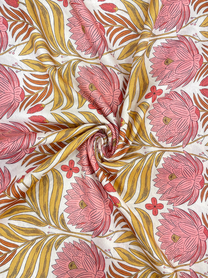 Amazing Delightful Baby Pink Color Floral And Leaf Print On Muslin Fabric