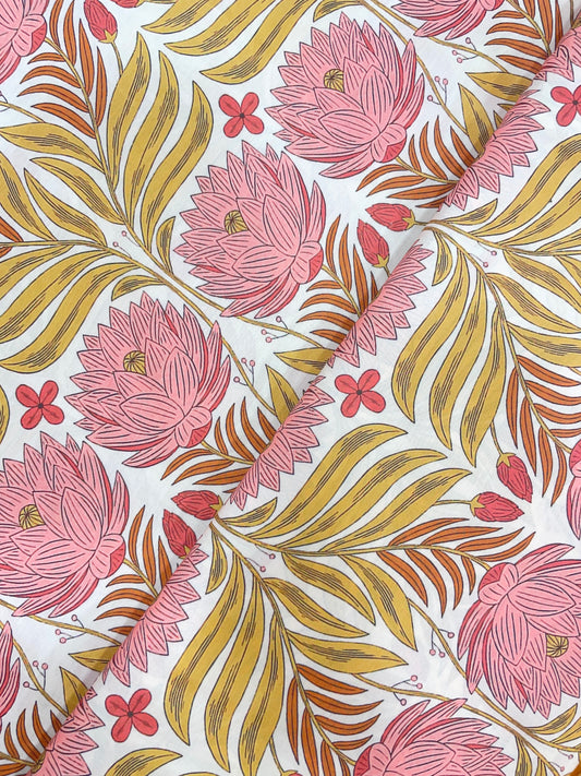 Amazing Delightful Baby Pink Color Floral And Leaf Print On Muslin Fabric