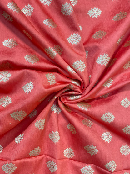 Attractive Pretty Traditional Zari Butti Weaving On Red Munga Silk Fabric