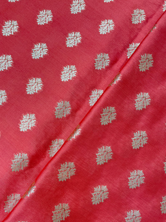 Attractive Pretty Traditional Zari Butti Weaving On Red Munga Silk Fabric