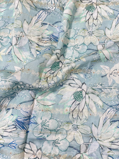 Pleasant Superb White And Blue Floral Print With Zari Weaving On Pure Munga Silk Fabric