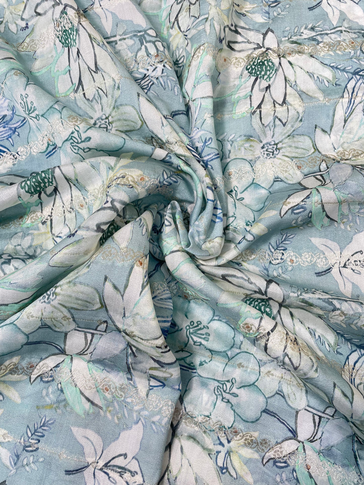 Pleasant Superb White And Blue Floral Print With Zari Weaving On Pure Munga Silk Fabric