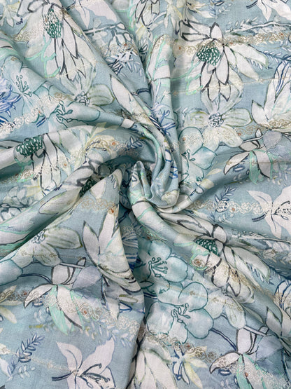 Pleasant Superb White And Blue Floral Print With Zari Weaving On Pure Munga Silk Fabric