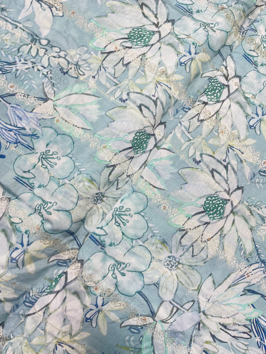 Pleasant Superb White And Blue Floral Print With Zari Weaving On Pure Munga Silk Fabric