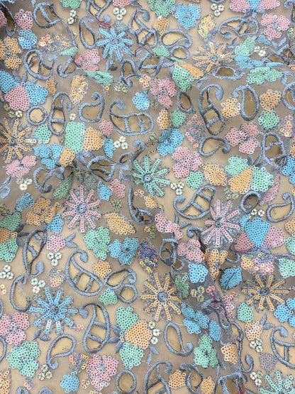 Wonderful Attractive Thread Paisley Cutwork With Multicolor Sequin Work On Net Fabric