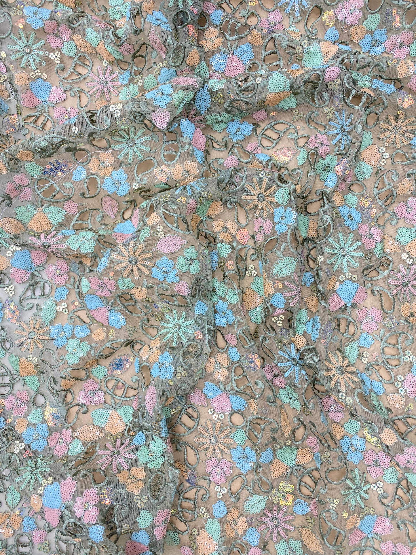 Wonderful Attractive Thread Paisley Cutwork With Multicolor Sequin Work On Net Fabric