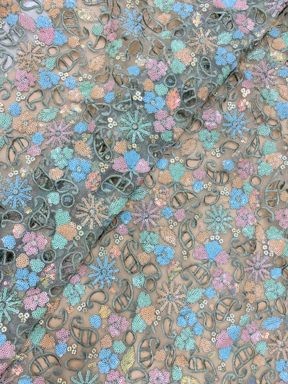 Wonderful Attractive Thread Paisley Cutwork With Multicolor Sequin Work On Net Fabric