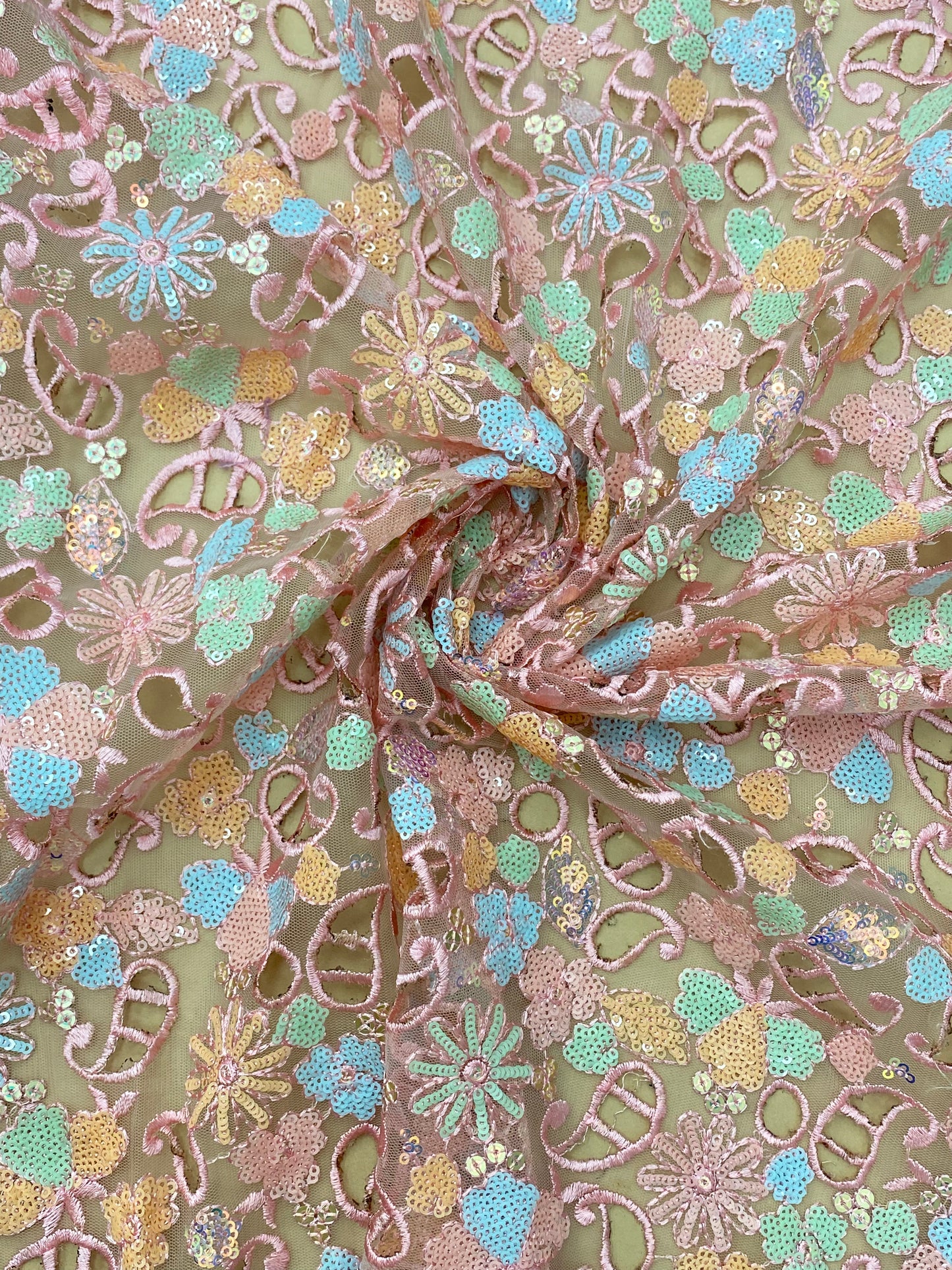 Wonderful Attractive Thread Paisley Cutwork With Multicolor Sequin Work On Net Fabric