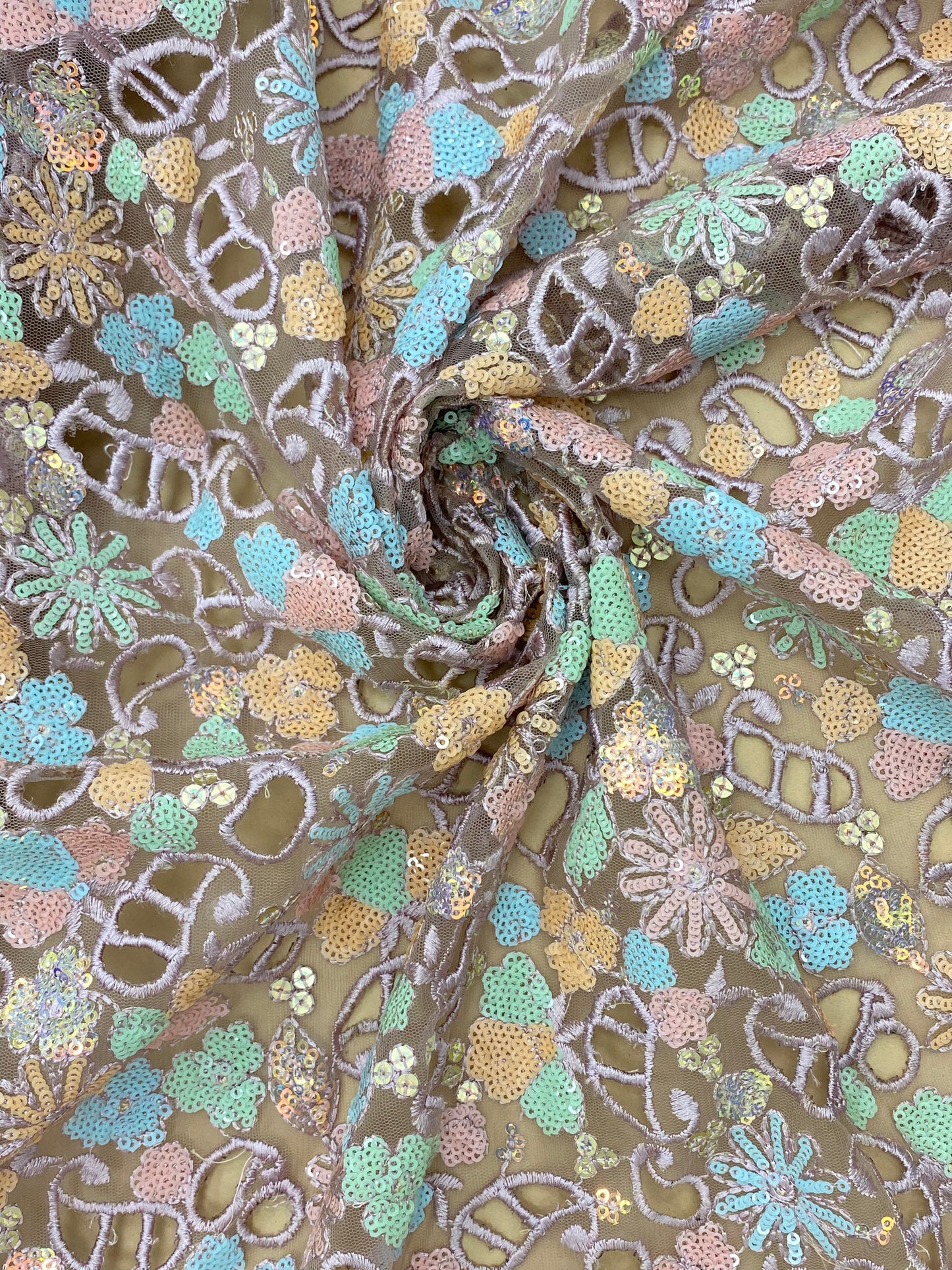 Wonderful Attractive Thread Paisley Cutwork With Multicolor Sequin Work On Net Fabric