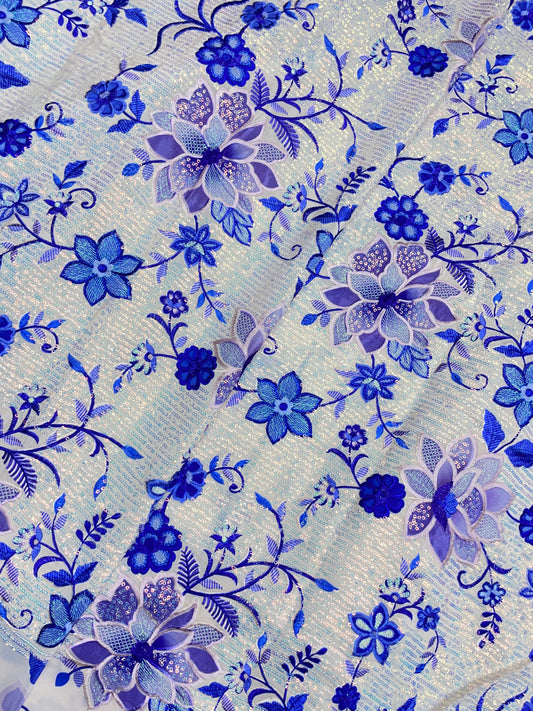 Delicate Vibrant Glorious Floral Thread Embroidery With Shiny Sequin Work On Natural Crepe Fabric