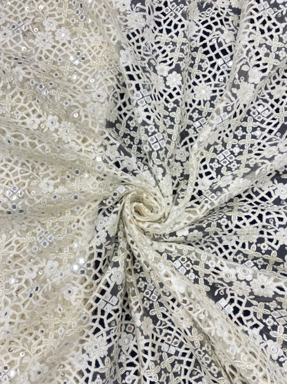 Exclusive Top Notch Thread Embroidery With Sequin And Mirror Work On Off White Net Fabric