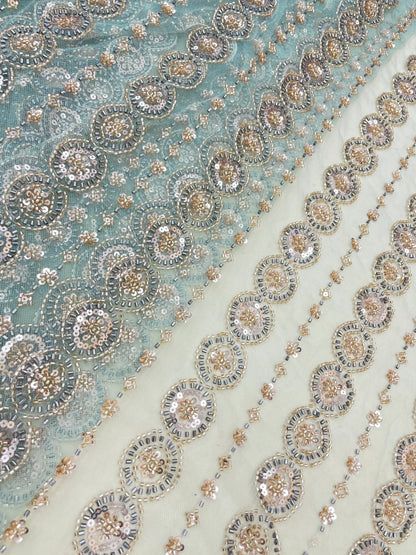 Lovely Eye Catching Sequins Beads And Cut Dana Panel Embroidery On Net Fabric