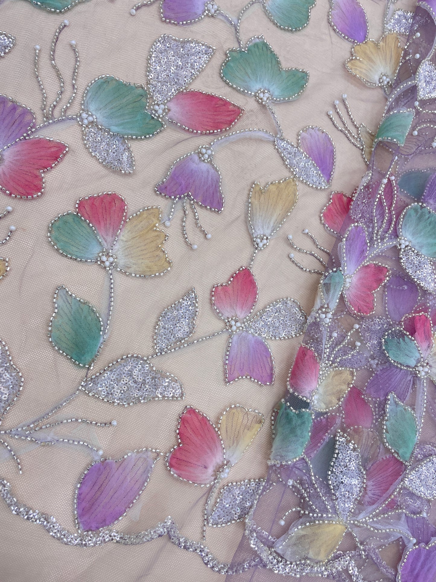 Adorable Shiny Elegant Floral Embroidery With Beads, Peral & Sequins On Net Fabric