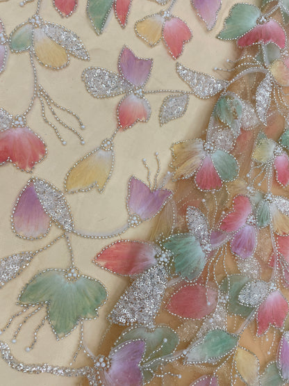 Adorable Shiny Elegant Floral Embroidery With Beads, Peral & Sequins On Net Fabric