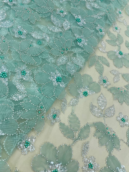 Excellent Stunning Floral Embroidery With Beads, Peral & Sequins On Net Fabric