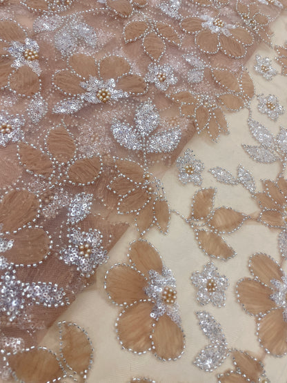 Excellent Stunning Floral Embroidery With Beads, Peral & Sequins On Net Fabric