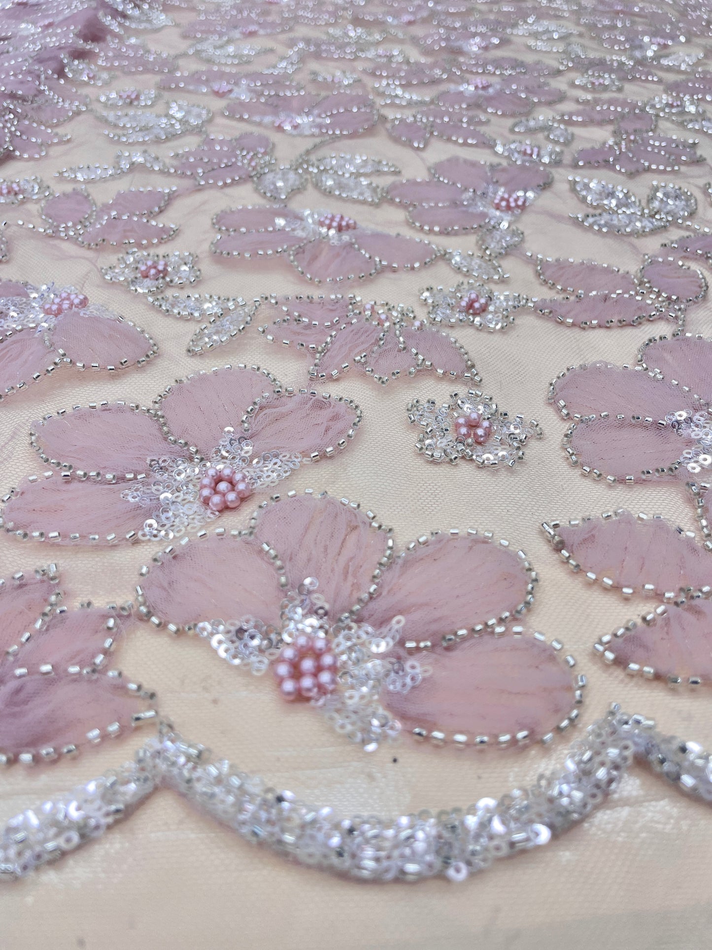 Excellent Stunning Floral Embroidery With Beads, Peral & Sequins On Net Fabric