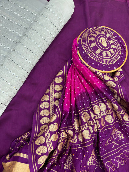 Elegant Mysore Silk Mirror Embroidery Blouse with Flat Silk Lehenga and Dola Silk Bandhej Dupatta with Jacquard Work Set