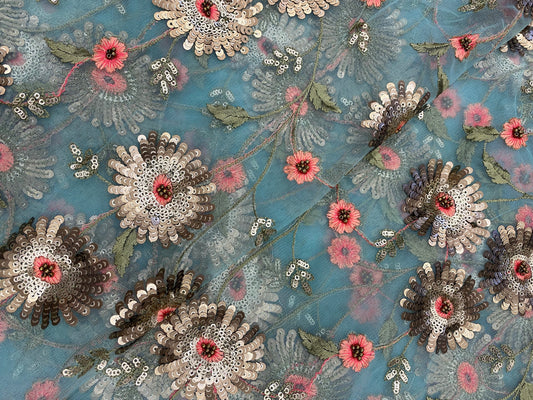 Beautiful Elegant Floral Thread Embroidery With Premium Sequin Work On Net Fabric