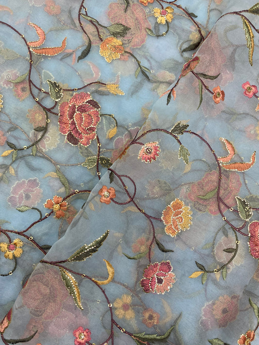 Delightful Pretty Floral Thread Embroidery With Premium Golden Zari And Sequin Work On Organza Fabric