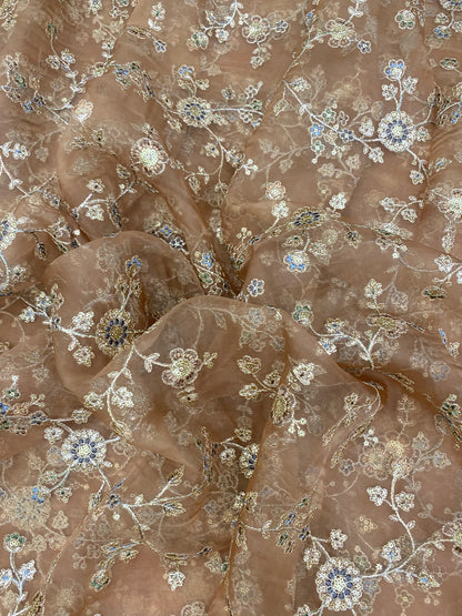 Luxurious Heavy Traditional Thread Work Knitted With Golden Sequin And Zari Work On Organza Fabric