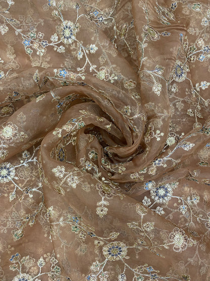 Luxurious Heavy Traditional Thread Work Knitted With Golden Sequin And Zari Work On Organza Fabric