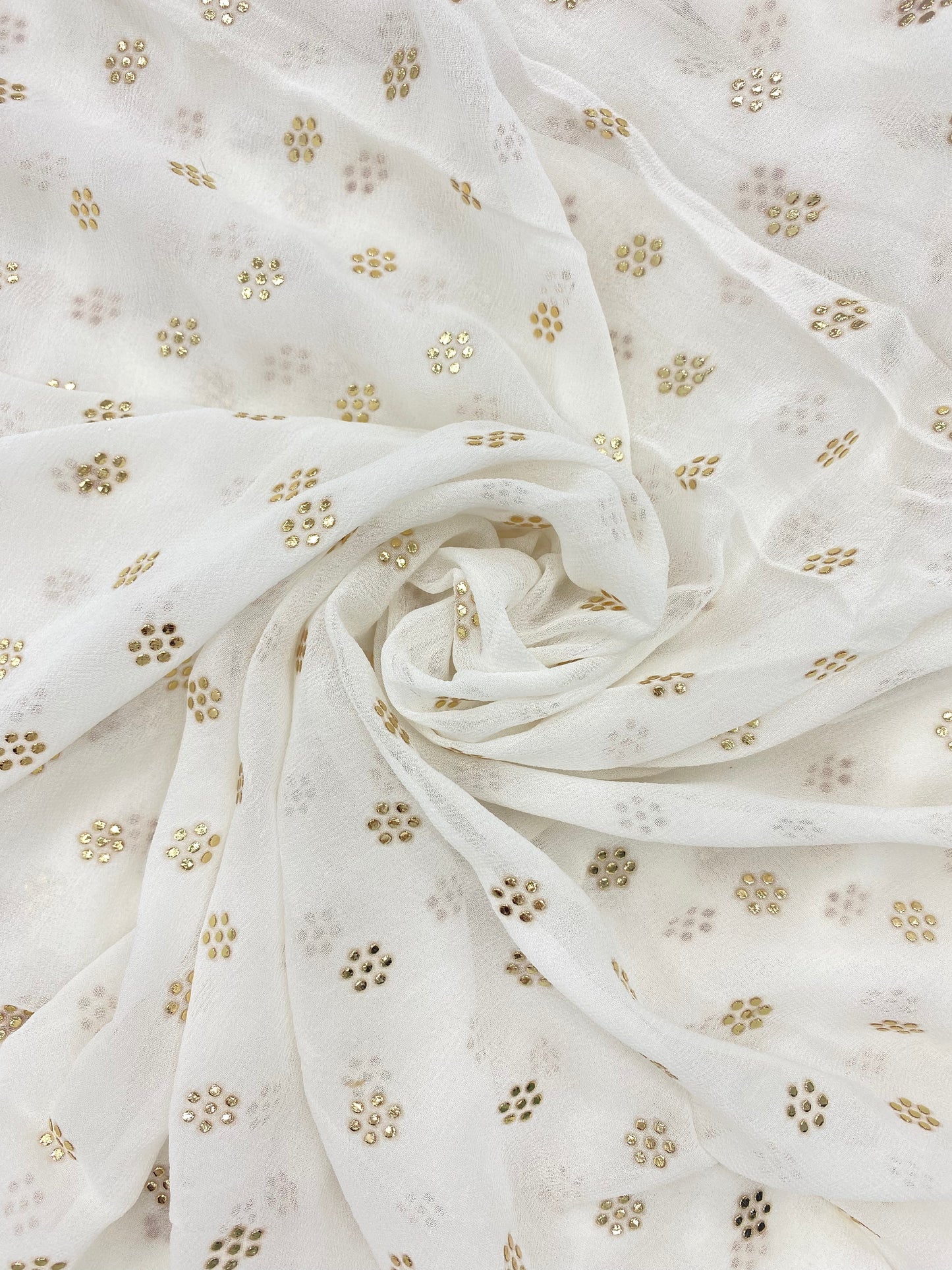 Beautiful Subtle Yet Elegant Golden Floral Mukesh Work On White Dyeable Viscose Organza Fabric