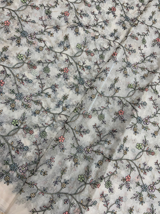 Pretty Gracious Dainty Floral Multi Color Thread Embroidery With Sequin Work On Organza Fabric