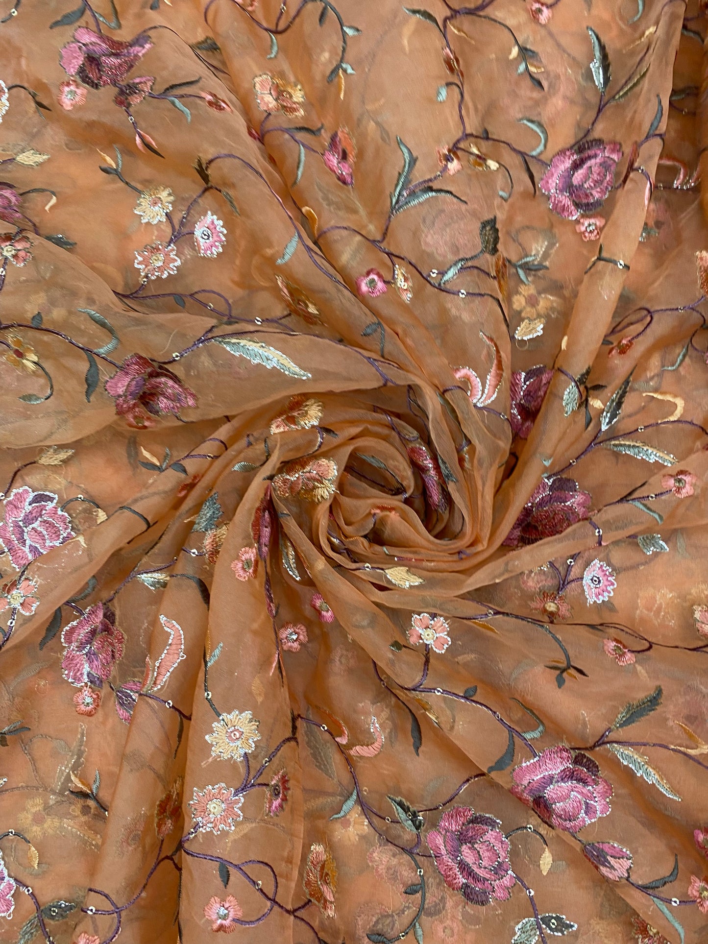 Delightful Pretty Floral Thread Embroidery With Premium Golden Zari And Sequin Work On Organza Fabric