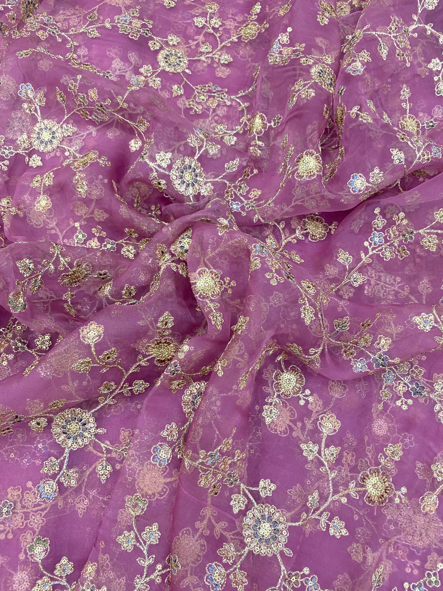 Luxurious Heavy Traditional Thread Work Knitted With Golden Sequin And Zari Work On Organza Fabric