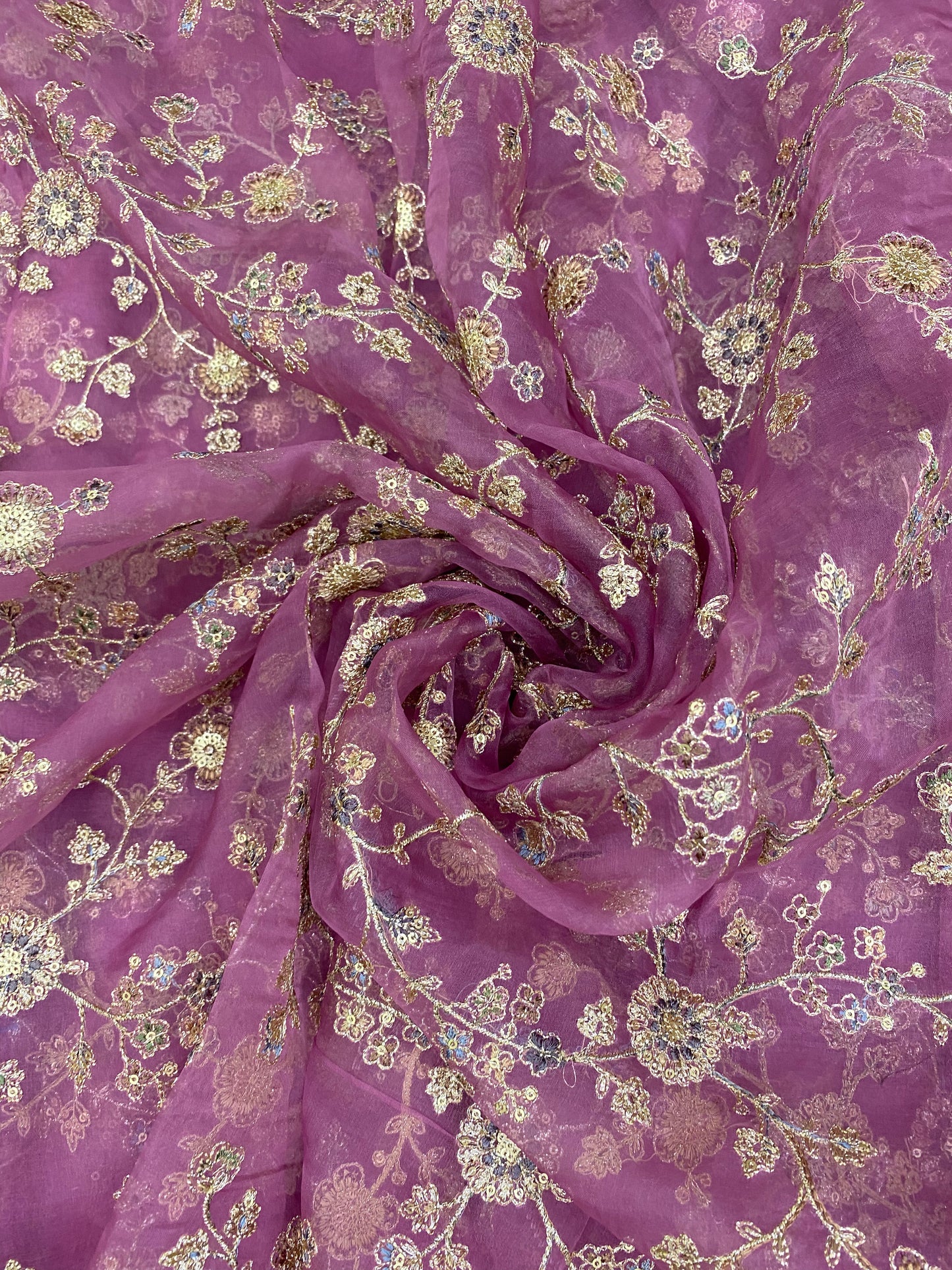 Luxurious Heavy Traditional Thread Work Knitted With Golden Sequin And Zari Work On Organza Fabric