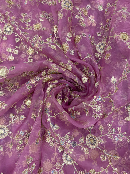 Luxurious Heavy Traditional Thread Work Knitted With Golden Sequin And Zari Work On Organza Fabric