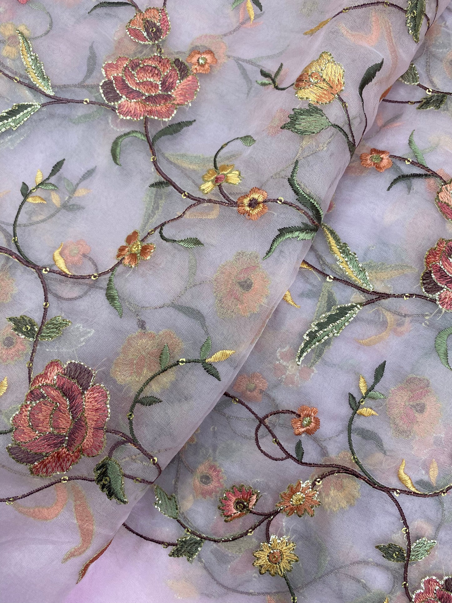 Delightful Pretty Floral Thread Embroidery With Premium Golden Zari And Sequin Work On Organza Fabric