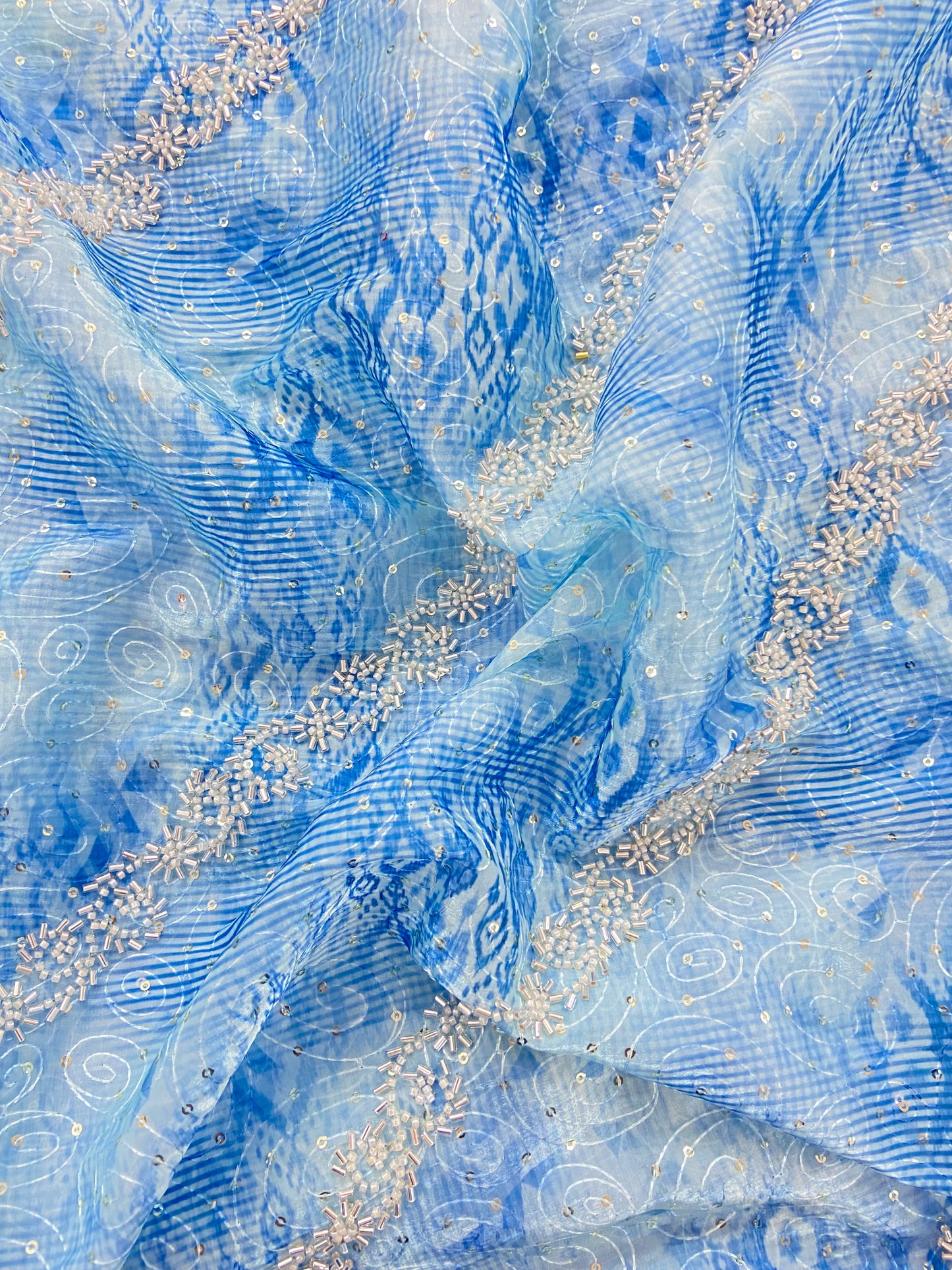 Adorable Classic Tye Dye Print With Sequin And Cut Dana Work On Organza Satin Fabric