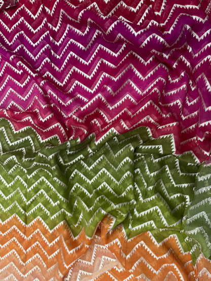 Beautiful Attractive Pink-Green-Yellow Shade Print With Golden Zari Work On Organza Fabric