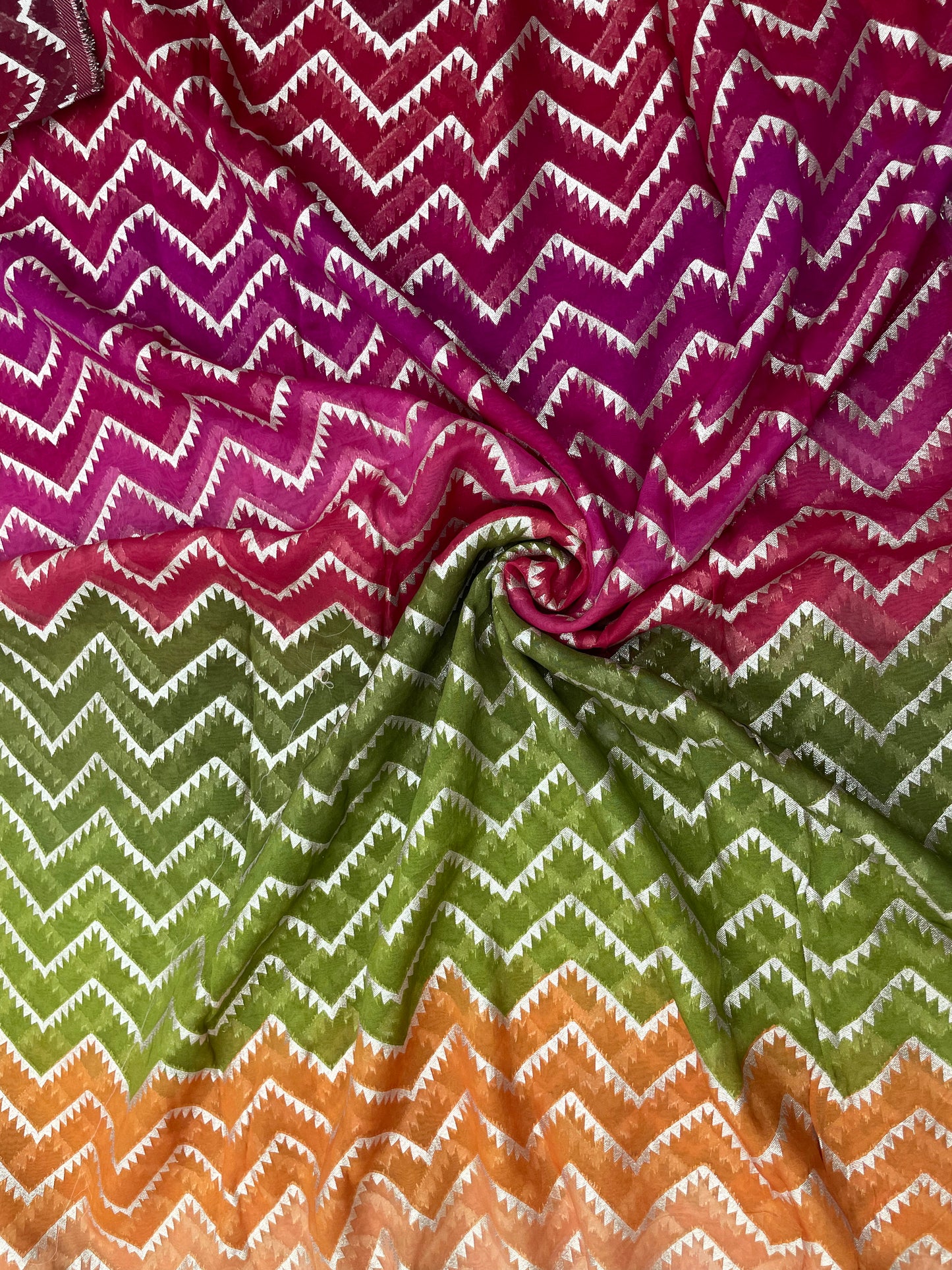 Beautiful Attractive Pink-Green-Yellow Shade Print With Golden Zari Work On Organza Fabric