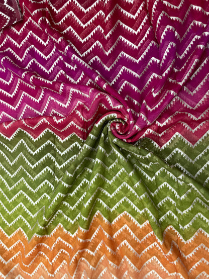 Beautiful Attractive Pink-Green-Yellow Shade Print With Golden Zari Work On Organza Fabric