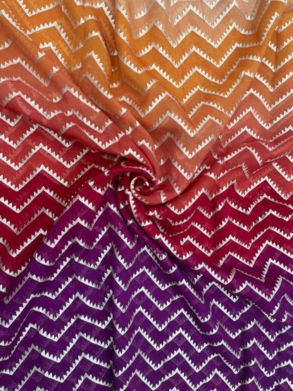 Bright Wonderful Adorable Shade Print With Zig Zag Zari Jacquard Weaving On Organza Fabric