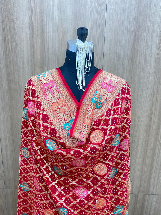 Heavy Exclusive Premium Floral Traditional Print With Golden Zari Work On Red Pure Bandhani Dupatta