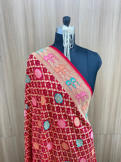 Heavy Exclusive Premium Floral Traditional Print With Golden Zari Work On Red Pure Bandhani Dupatta