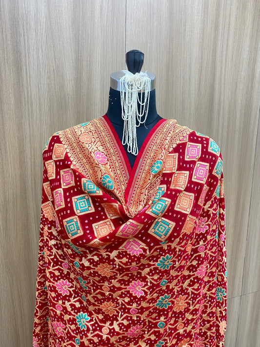 Premium Beautiful Vibrant Floral And Block Print With Golden Zari Work On Pure Bandhani Dupatta