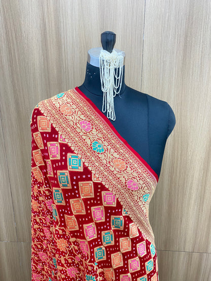 Premium Beautiful Vibrant Floral And Block Print With Golden Zari Work On Pure Bandhani Dupatta