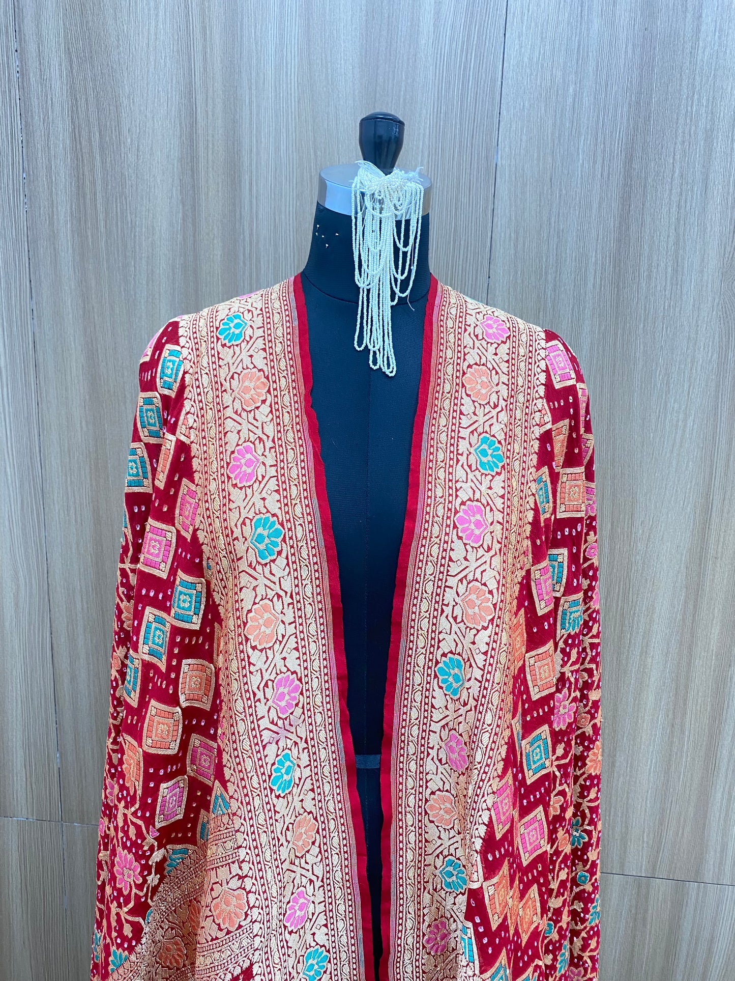 Premium Beautiful Vibrant Floral And Block Print With Golden Zari Work On Pure Bandhani Dupatta